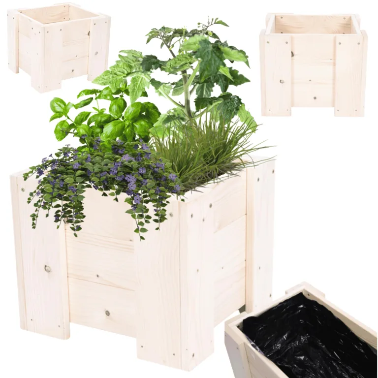 Pflanzkübel aus Holz, Hochbeet mit Schutzfolie, Kiefernholz Pflanzkasten Blumenkasten für Outdoor Garten Terrasse Balkon, Natürlich, Stabil & Dekorativ, 30x30x33 cm Farbe: Natur unbehandelt – Bild 1