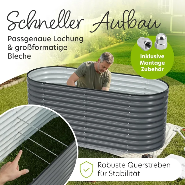 Hochbeet Metall 200x80x78 cm I Gartenbeet aus verzinktem Stahl I Pflanzbeet wetterfest & rostfrei I Ovales Gemüsebeet für Garten & Terasse I Hochbeet Bausatz ohne Boden (Anthrazit) – Bild 4