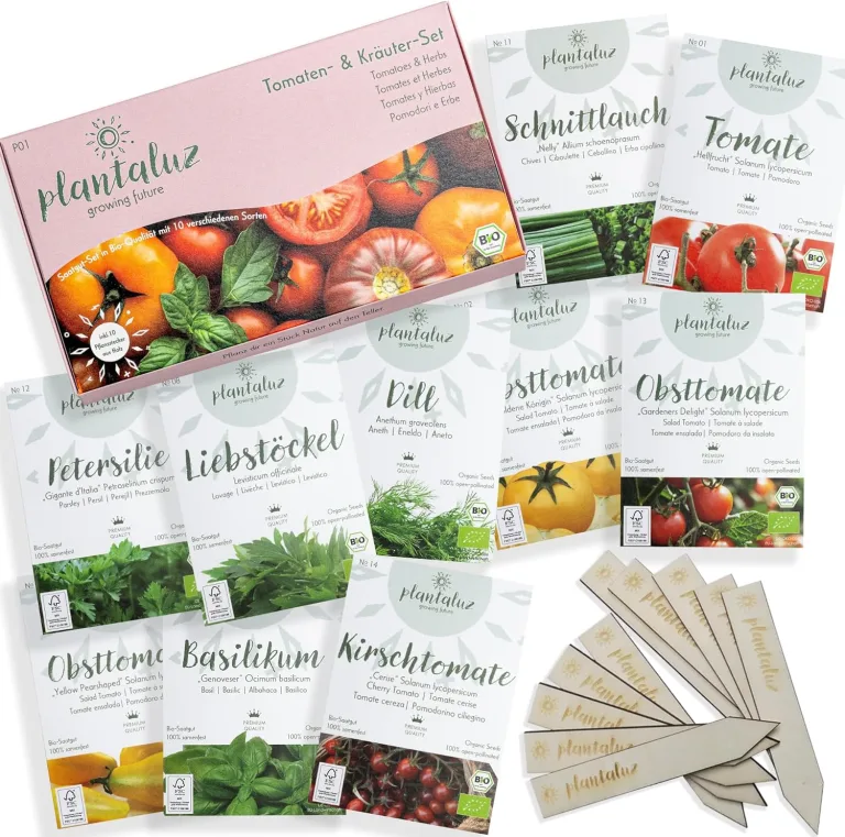 Plantaluz Bio Premium Saatgut Set P01 – 10 Sorten Tomaten & Kräuter Anzuchtset für Garten, Balkon & Indoor – inkl. FSC-Pflanzstäbchen – samenfestes, ungebeiztes & gentechnikfreies Saatgut – Bild 1