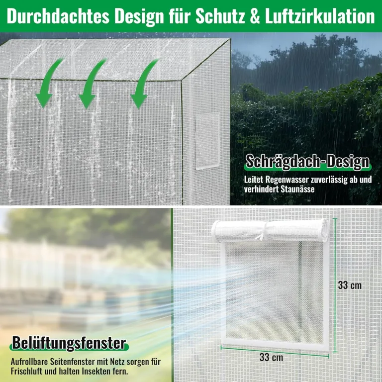 Velway Tomaten Gewächshaus Foliengewächshaus Stabil - 208x81x170/141cm Winterfest Tomatenhaus Schrägdach Garten Treibhaus mit PE Gitterfolie, Belüftungsfenster, Erdanker und Winddichten Seile - Weiß – Bild 4