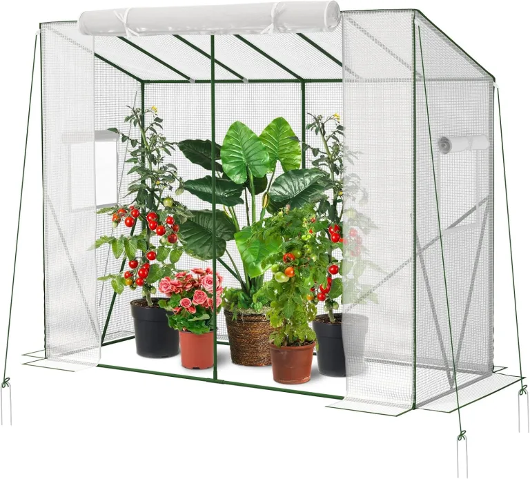 Velway Tomaten Gewächshaus Foliengewächshaus Stabil - 208x81x170/141cm Winterfest Tomatenhaus Schrägdach Garten Treibhaus mit PE Gitterfolie, Belüftungsfenster, Erdanker und Winddichten Seile - Weiß – Bild 1