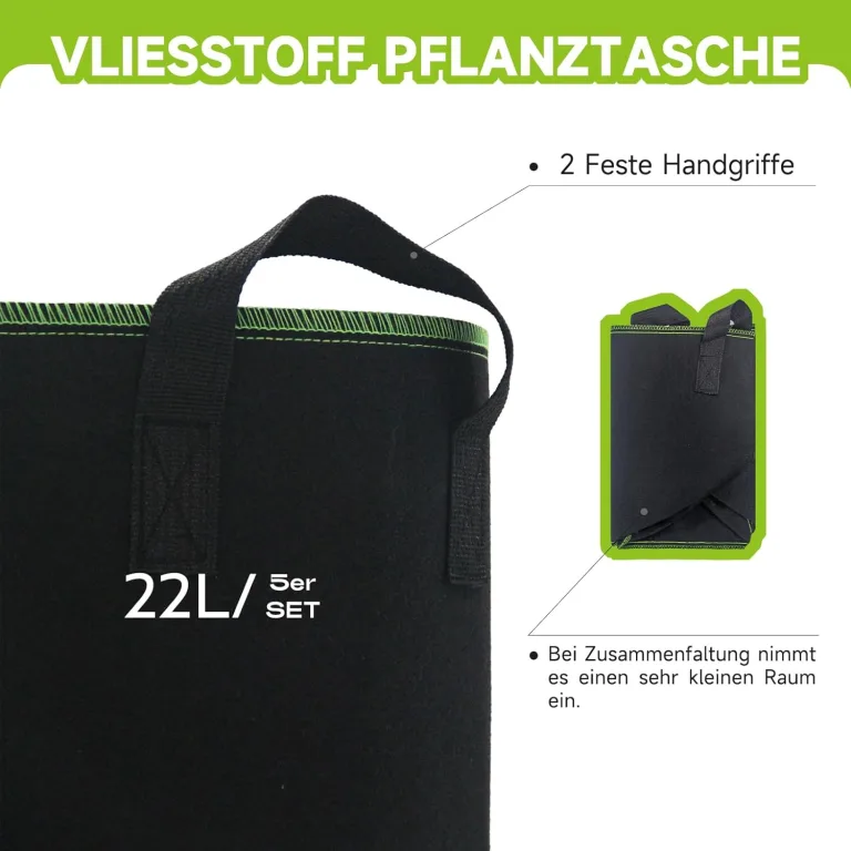 5 Stück 22L Vliesstoff Pflanzsack mit Griffe - Wiederverwendbare Pflanztasche für Tomaten, Kartoffeln, Erdbeeren, Gemüse, Blumen - Geeignet für Garten, Gewächshaus, Balkon, Terrasse – Bild 4