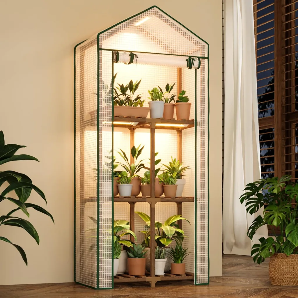 Bamworld Tomatengewächshaus Mini mit Pflanzenlampe – 3-stufiges Gewächshaus Klein als stabiles Foliengewächshaus für Balkon, Terrasse and Wintergarten