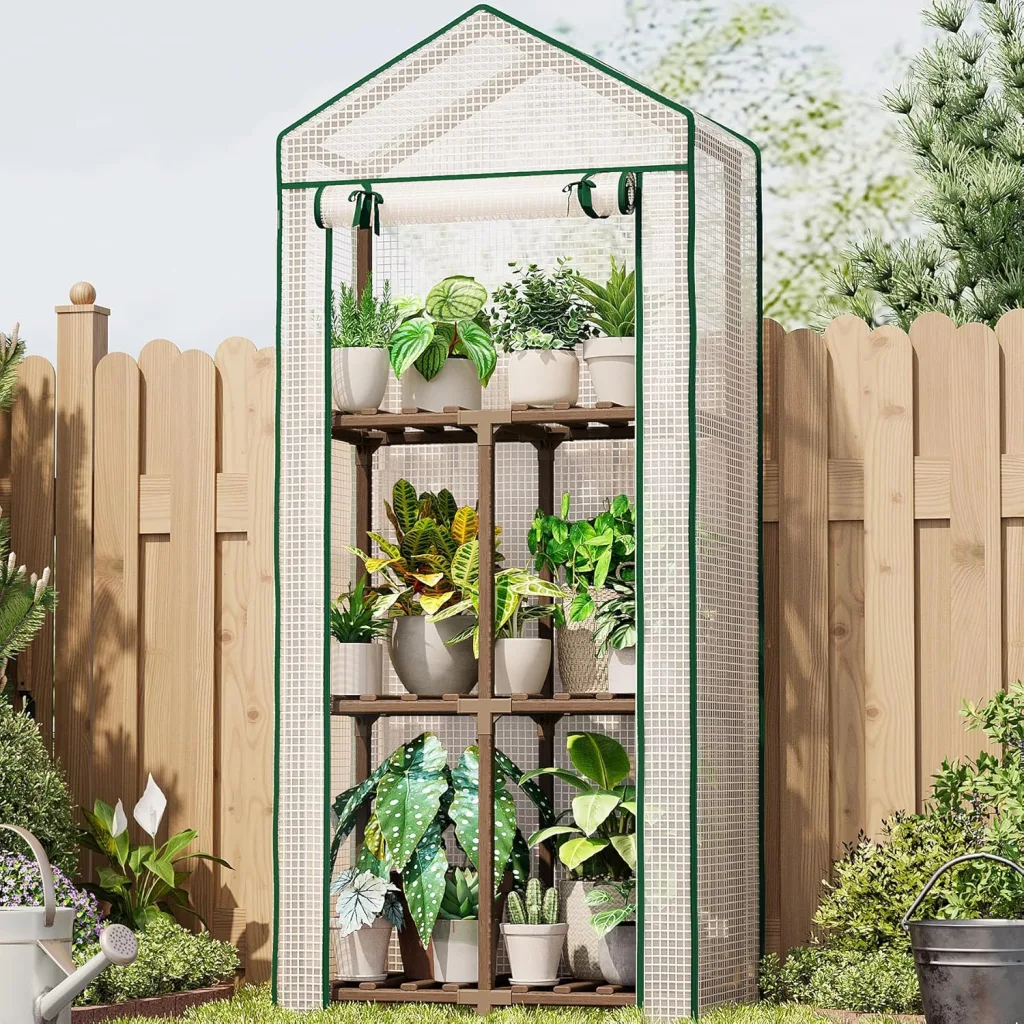 Bamworld Tomatengewächshaus Mini Gewächshaus Klein 3-Etagen Foliengewächshaus für Balkon – Wiederverwendbares Warmhaus mit robustem Eukalyptusrahmen und PE-Abdeckung für Gemüse, Blumen und Sämlinge