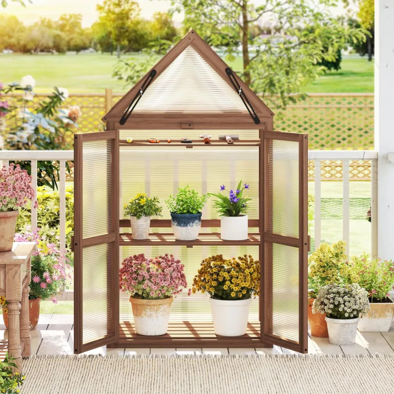HOMASIS Gewächshaus mit 3 Ablagen, Anlehngewächshaus Tomaten mit 2 Türen & Oberlicht, Holz Frühbeet Pflanzenhaus Winterfest klein, Teibhaus Gartenhaus für Garten & Balko (Braun, 71x41x145cm) – Bild 2