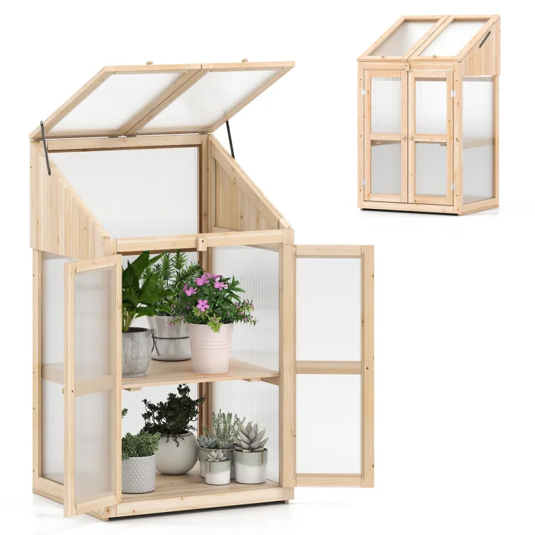 HOMASIS Gewächshaus mit 3 Ablagen, Anlehngewächshaus Tomaten mit 2 Türen & Oberlicht, Holz Frühbeet Pflanzenhaus Winterfest klein, Teibhaus Gartenhaus für Garten & Balko (Braun, 71x41x145cm) – Bild 9