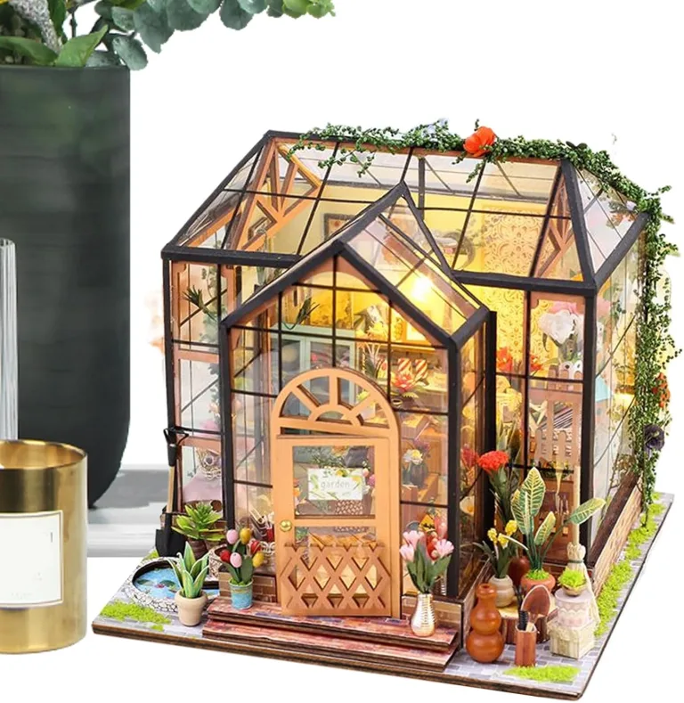 Miniaturhaus Bausatz | Hausmodell mit Möbeln und Werkzeugkleber | Handgemachtes Gewächshaus aus Holz für Bastelprojekte | Deko für Zuhause und Wohnraum – Bild 1