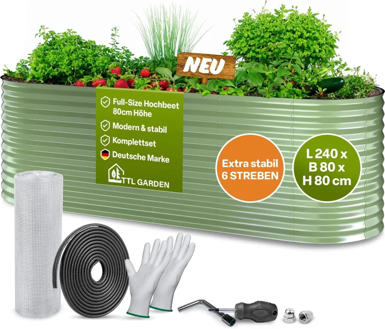TTL GARDEN 240x80x80cm Nature L Metall Hochbeet Salbei Grün - Stahl rostfrei verzinkt & lackiert Wellblech oval 80cm hoch sehr stabil Garten Beet für Gemüse Kräuter Blumen Gartenbeet Gemüsebeet – Bild 1