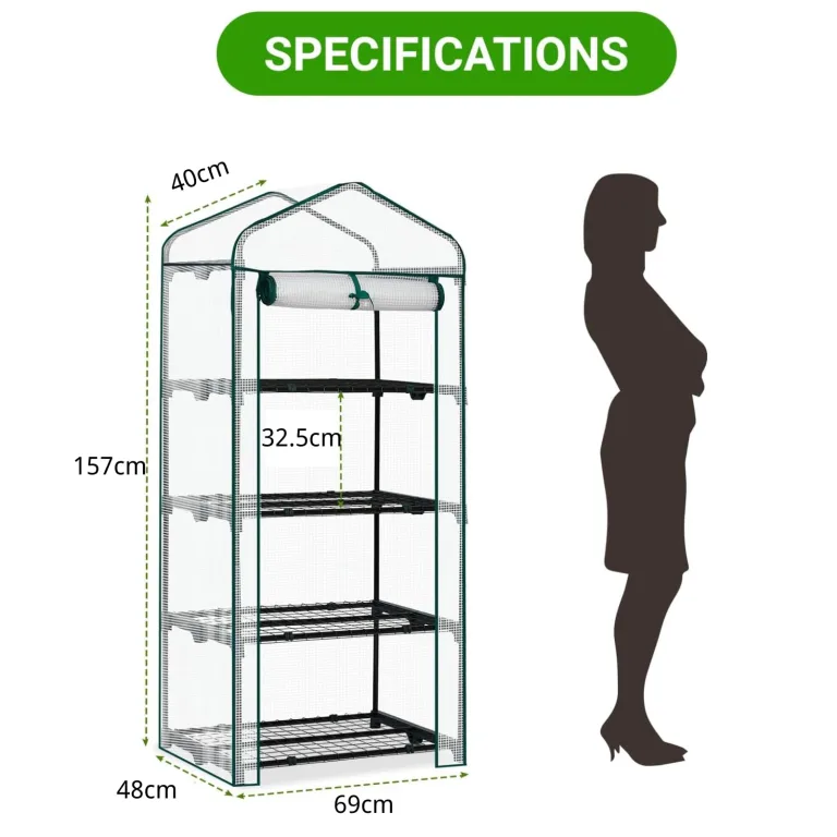 LEADZM Gewächshaus mit UV-beständiger PE-Gitterfolie，4 Metallablagegittern, Sturm-Winterfest, Schutz vor Kälte,Frost, Anzucht für Tomaten & Pflanzen, Balkon Garten (Transparent, 69 x 48 x 157 cm) – Bild 2