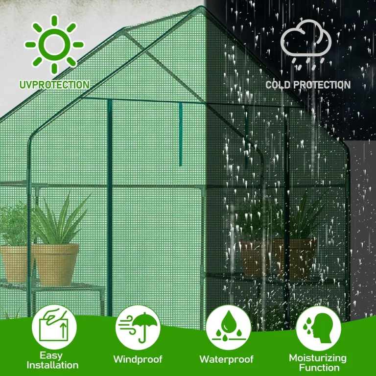 LEADZM Gewächshaus mit UV-beständiger PE-Gitterfolie，4 Metallablagegittern, Sturm-Winterfest, Schutz vor Kälte,Frost, Anzucht für Tomaten & Pflanzen, Balkon Garten (Grün, 142 x 74 x 196 cm) – Bild 5