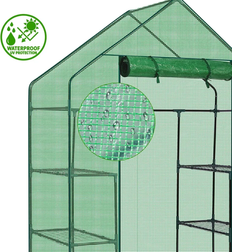 LEADZM Gewächshaus mit UV-beständiger PE-Gitterfolie，4 Metallablagegittern, Sturm-Winterfest, Schutz vor Kälte,Frost, Anzucht für Tomaten & Pflanzen, Balkon Garten (Grün, 142 x 74 x 196 cm) – Bild 6
