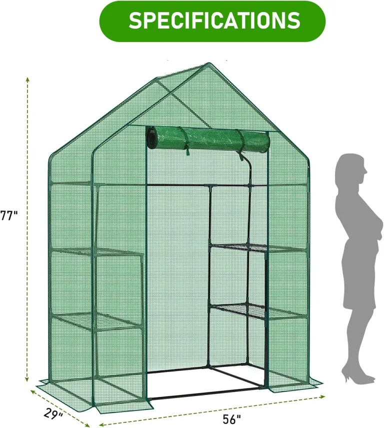LEADZM Gewächshaus mit UV-beständiger PE-Gitterfolie，4 Metallablagegittern, Sturm-Winterfest, Schutz vor Kälte,Frost, Anzucht für Tomaten & Pflanzen, Balkon Garten (Grün, 142 x 74 x 196 cm) – Bild 7