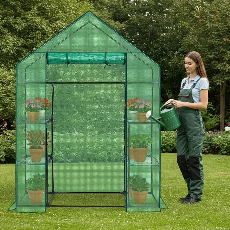 LEADZM Gewächshaus mit UV-beständiger PE-Gitterfolie，4 Metallablagegittern, Sturm-Winterfest, Schutz vor Kälte,Frost, Anzucht für Tomaten & Pflanzen, Balkon Garten (Grün, 142 x 74 x 196 cm) – Bild 8