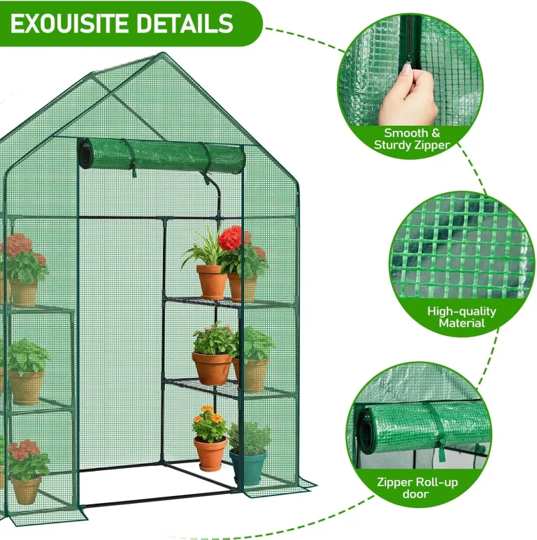 LEADZM Gewächshaus mit UV-beständiger PE-Gitterfolie，4 Metallablagegittern, Sturm-Winterfest, Schutz vor Kälte,Frost, Anzucht für Tomaten & Pflanzen, Balkon Garten (Grün, 142 x 74 x 196 cm) – Bild 2