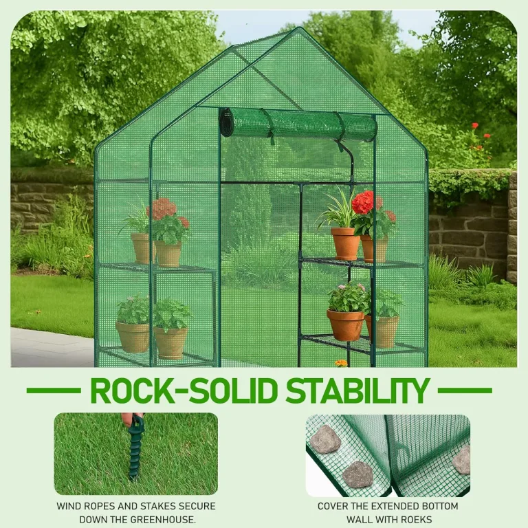 LEADZM Gewächshaus mit UV-beständiger PE-Gitterfolie，4 Metallablagegittern, Sturm-Winterfest, Schutz vor Kälte,Frost, Anzucht für Tomaten & Pflanzen, Balkon Garten (Grün, 142 x 74 x 196 cm) – Bild 3