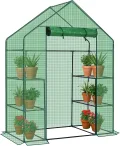 LEADZM Gewächshaus mit UV-beständiger PE-Gitterfolie，4 Metallablagegittern, Sturm-Winterfest, Schutz vor Kälte,Frost, Anzucht für Tomaten & Pflanzen, Balkon Garten (Grün, 142 x 74 x 196 cm) - Thumbnail 1