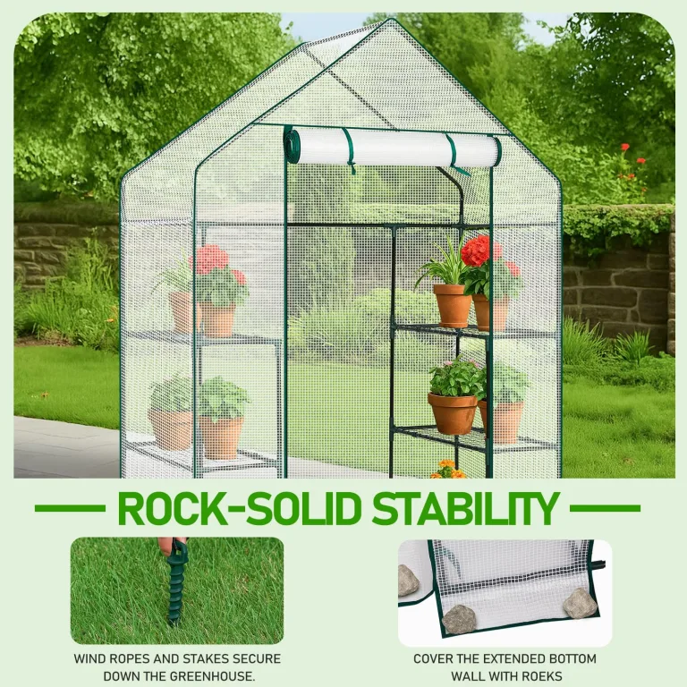 LEADZM Gewächshaus mit UV-beständiger PE-Gitterfolie，4 Metallablagegittern, Sturm-Winterfest, Schutz vor Kälte,Frost, Anzucht für Tomaten & Pflanzen, Balkon Garten (Transparent, 142 x 74 x 196 cm) – Bild 2