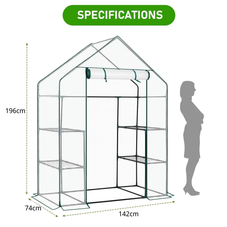 LEADZM Gewächshaus mit UV-beständiger PE-Gitterfolie，4 Metallablagegittern, Sturm-Winterfest, Schutz vor Kälte,Frost, Anzucht für Tomaten & Pflanzen, Balkon Garten (Transparent, 142 x 74 x 196 cm) – Bild 3