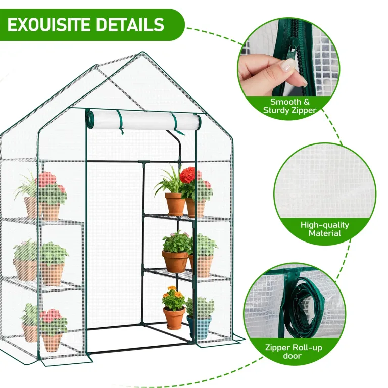 LEADZM Gewächshaus mit UV-beständiger PE-Gitterfolie，4 Metallablagegittern, Sturm-Winterfest, Schutz vor Kälte,Frost, Anzucht für Tomaten & Pflanzen, Balkon Garten (Transparent, 142 x 74 x 196 cm) – Bild 4