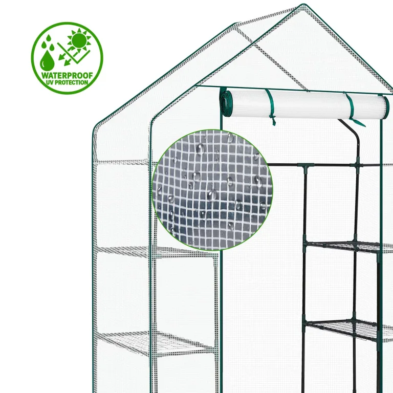 LEADZM Gewächshaus mit UV-beständiger PE-Gitterfolie，4 Metallablagegittern, Sturm-Winterfest, Schutz vor Kälte,Frost, Anzucht für Tomaten & Pflanzen, Balkon Garten (Transparent, 142 x 74 x 196 cm) – Bild 7