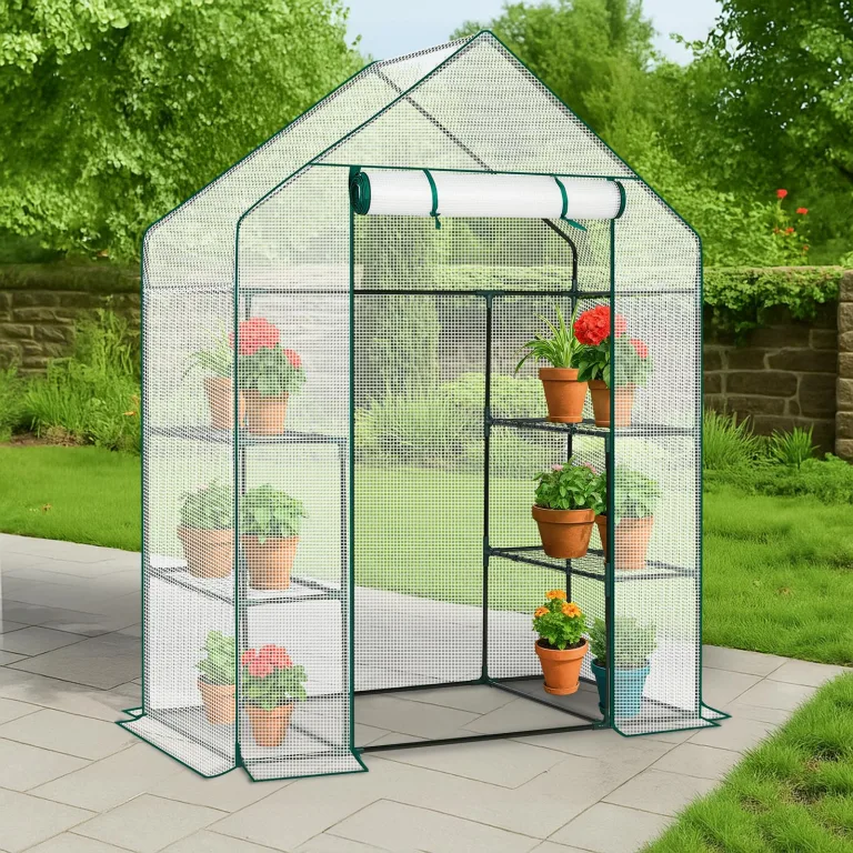 LEADZM Gewächshaus mit UV-beständiger PE-Gitterfolie，4 Metallablagegittern, Sturm-Winterfest, Schutz vor Kälte,Frost, Anzucht für Tomaten & Pflanzen, Balkon Garten (Transparent, 142 x 74 x 196 cm) – Bild 8