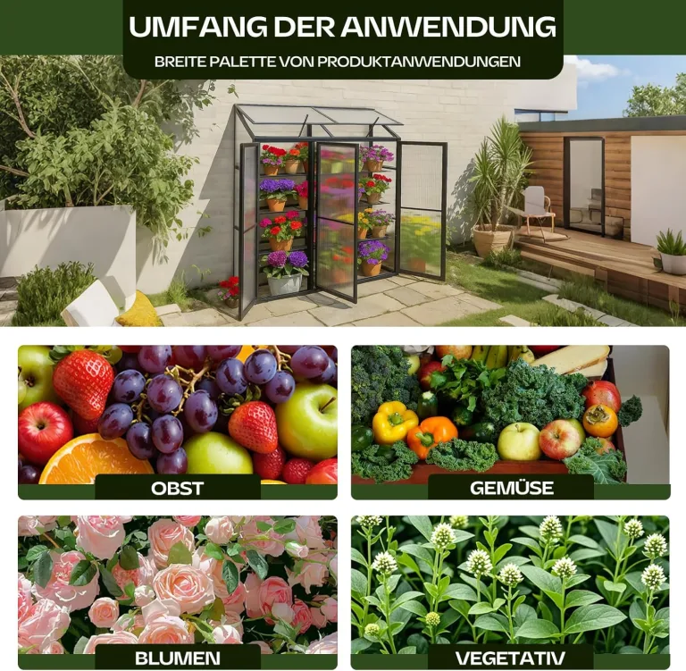 Anlehngewächshaus Aluminium Beistell-Gewächshaus (Schwarz) – 180x54x190cm, 3 Türen & 2 Oberlicht, geeignet für Zitronenbaum-Töpfe, Chrysanthemen & weitere Pflanzen, Greenhouse – Bild 6