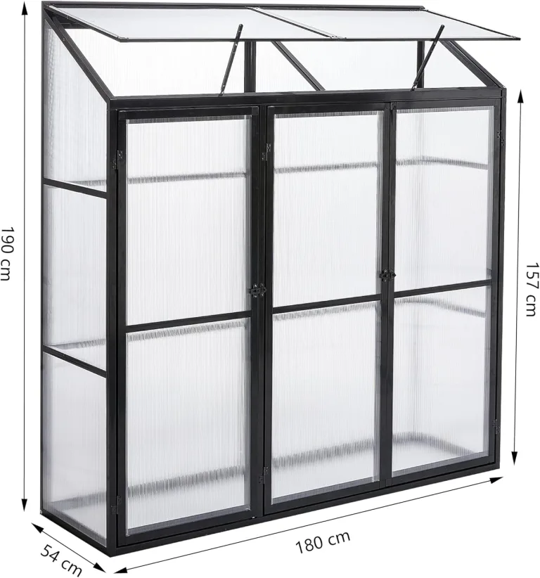 Anlehngewächshaus Aluminium Beistell-Gewächshaus (Schwarz) – 180x54x190cm, 3 Türen & 2 Oberlicht, geeignet für Zitronenbaum-Töpfe, Chrysanthemen & weitere Pflanzen, Greenhouse – Bild 5