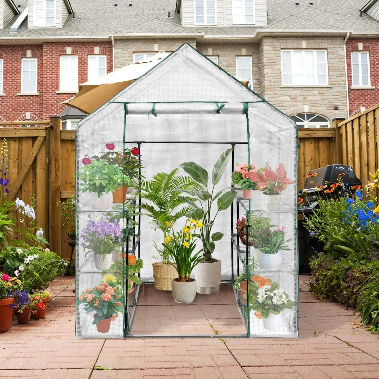 Gewächshaus, 143*143*195 cm Überwinterungszelt für Pflanzen, Begehbarers Foliengewächshaus mit Gitternetzfolie, Hochbeet mit Abdeckung, Balkongewächshaus, für Garten zur Aufzucht, Weiß – Bild 7