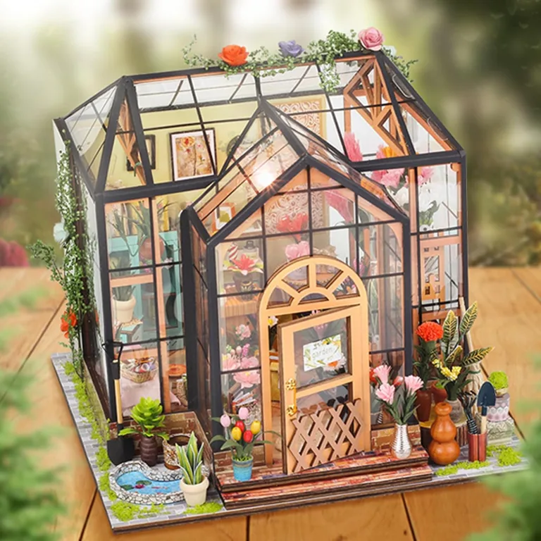 Miniatur Häuser Bastelset für Erwachsene | Gewächshaus Bauset mit Möbeln und Werkzeugkleber - Handgemachtes Gewächshaus aus Holz für Bastelprojekte - Deko Geschenk Geburtstag Weihnachten – Bild 3