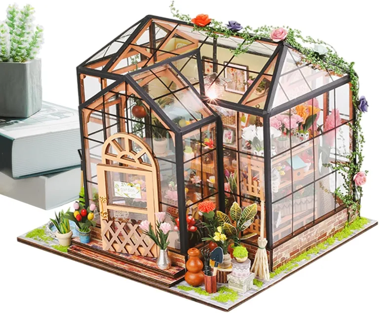 Miniatur Häuser Bastelset für Erwachsene | Gewächshaus Bauset mit Möbeln und Werkzeugkleber - Handgemachtes Gewächshaus aus Holz für Bastelprojekte - Deko Geschenk Geburtstag Weihnachten – Bild 1
