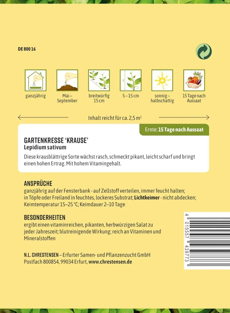 Chrestensen Gartenkresse Krause Samen 50g - Ganzjährig im Zimmer - Ernte nach 14 Tagen - Vitaminreich pikant - Für Fensterbank Küche - Lepidium sativum - Samenfest – Bild 2