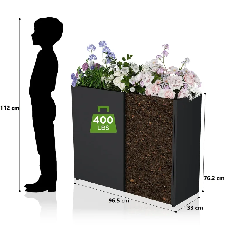 Blumenkasten Hoch Metall Pflanzkübel Rechteckig 96 cm lang XXL Schmal Groß & Wetterfest Dekoratives Hochbeet für Balkon Draußen Garten Terrasse Outdoor – Bild 3
