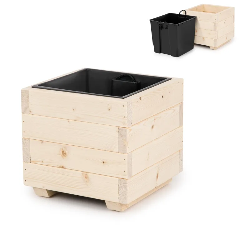 Blumentopf Holz - Pflanzkübel Übertopf Blumenkasten - mit Kunststoffeinsatz Herausnehmbar - 33 x 33 x 32 cm - Naturholz 33KAN3332 – Bild 1