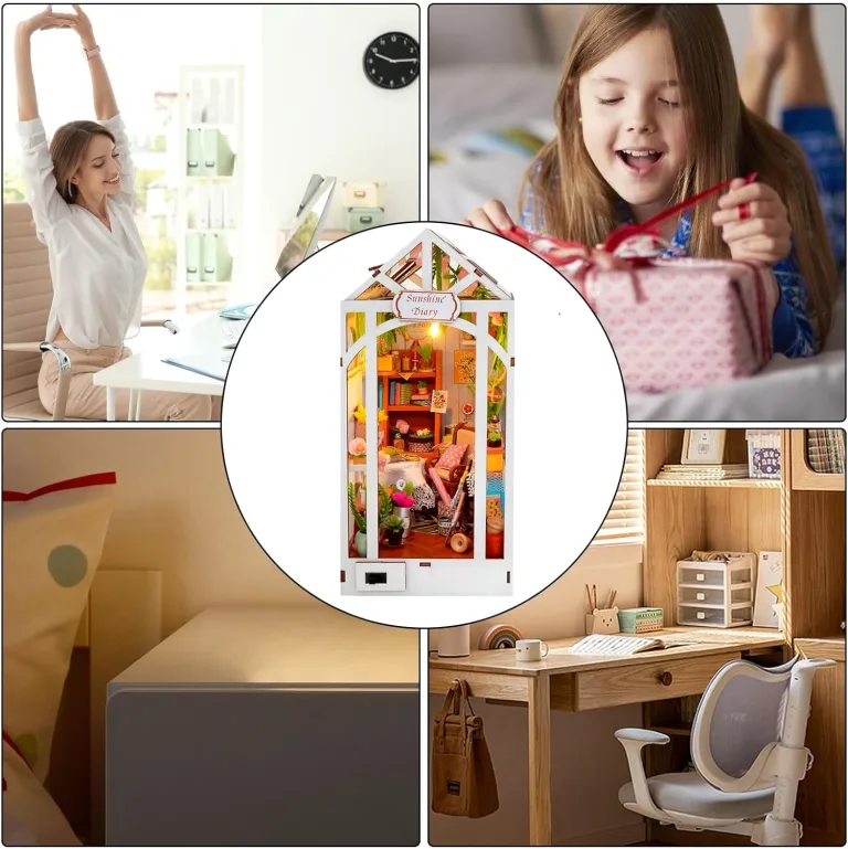 Bausatz für kleines Haus, Miniatur-Buchhaus aus Holz mit Gewächshaus – Innendekoration mit LED-Licht für Regal, Bibliothek, Büro, Klassenzimmer, Jugendliche und Erwachsene | – Bild 4