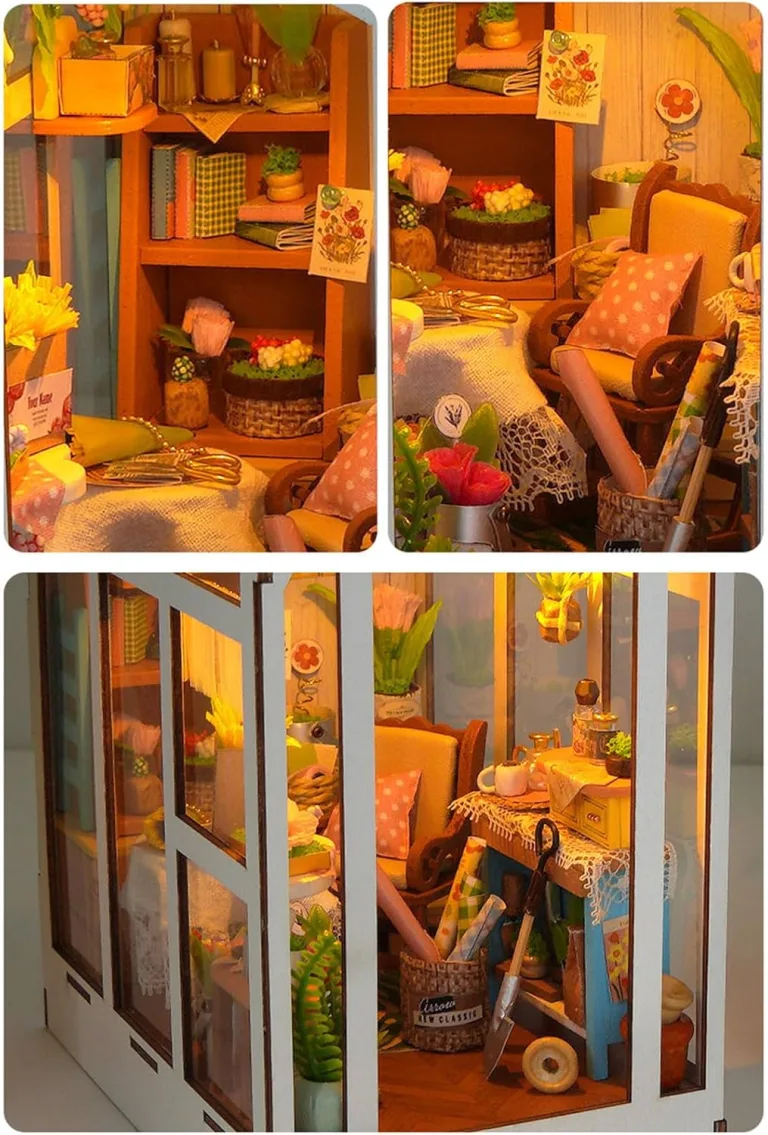 Bausatz für kleines Haus, Miniatur-Buchhaus aus Holz mit Gewächshaus – Innendekoration mit LED-Licht für Regal, Bibliothek, Büro, Klassenzimmer, Jugendliche und Erwachsene | – Bild 7