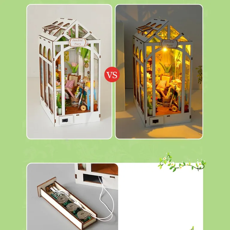 Bausatz für kleines Haus, Miniatur-Buchhaus aus Holz mit Gewächshaus – Innendekoration mit LED-Licht für Regal, Bibliothek, Büro, Klassenzimmer, Jugendliche und Erwachsene | – Bild 8
