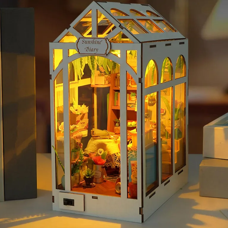 Bausatz für kleines Haus, Miniatur-Buchhaus aus Holz mit Gewächshaus – Innendekoration mit LED-Licht für Regal, Bibliothek, Büro, Klassenzimmer, Jugendliche und Erwachsene | – Bild 2