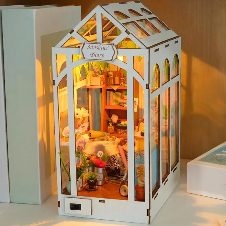 Bausatz für kleines Haus, Miniatur-Buchhaus aus Holz mit Gewächshaus – Innendekoration mit LED-Licht für Regal, Bibliothek, Büro, Klassenzimmer, Jugendliche und Erwachsene | – Bild 3