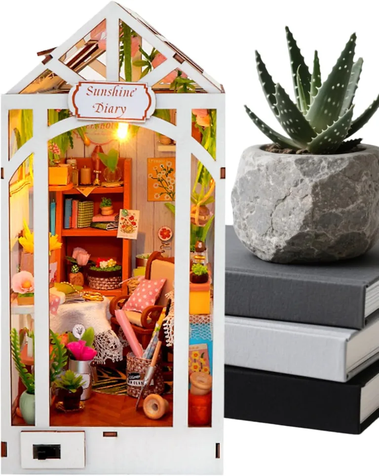 Bausatz für kleines Haus, Miniatur-Buchhaus aus Holz mit Gewächshaus – Innendekoration mit LED-Licht für Regal, Bibliothek, Büro, Klassenzimmer, Jugendliche und Erwachsene | – Bild 1