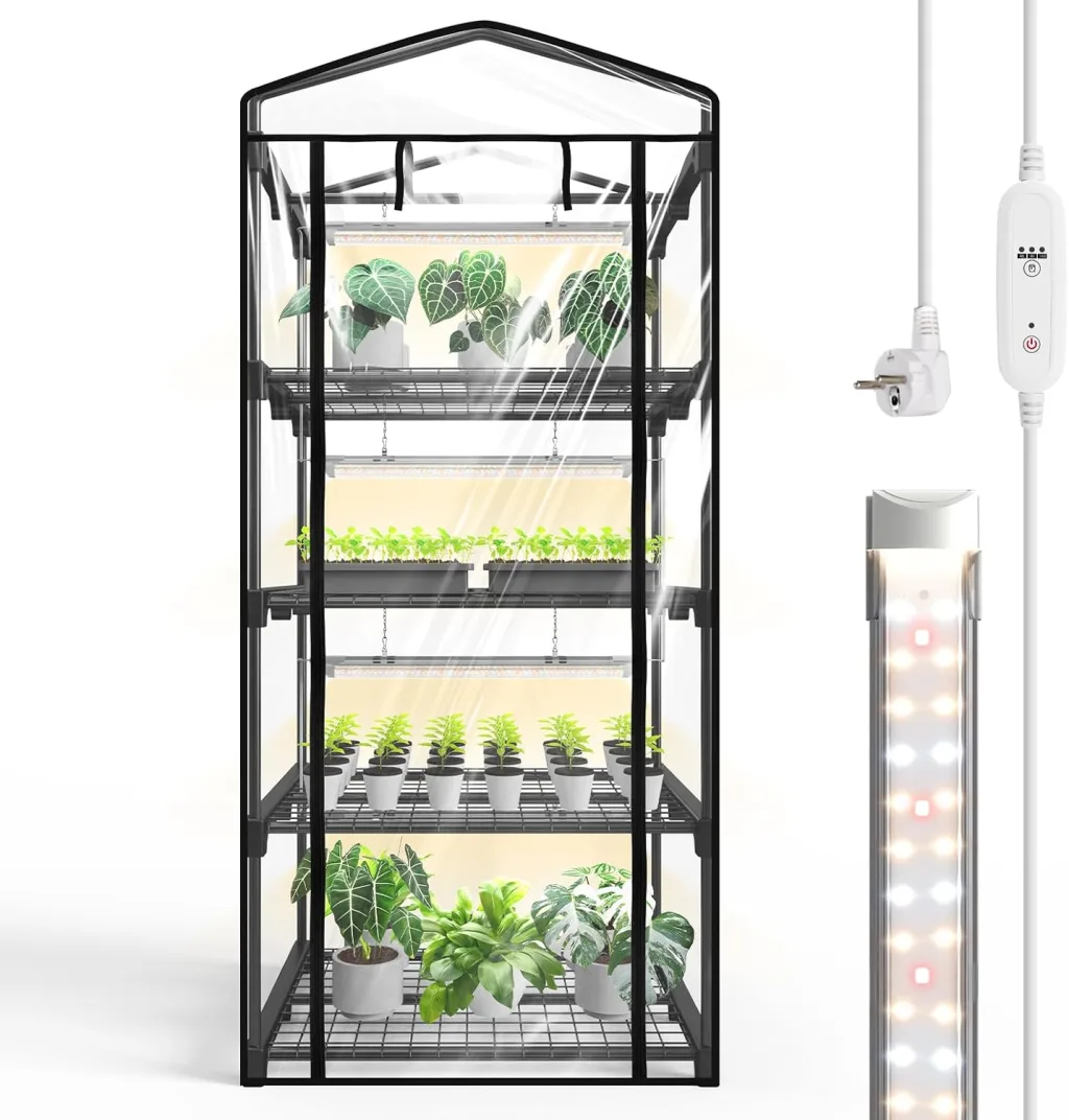 Bstrip Indoor-Gewächshaus, 4-stöckiges Foliengewächshaus mit Pflanzenlampe LED Vollspektrum, 159 cm Gewächshaus Klein zur Überwinterung von Pflanzen, ideal für Anbau, Keimlinge und Microgreens