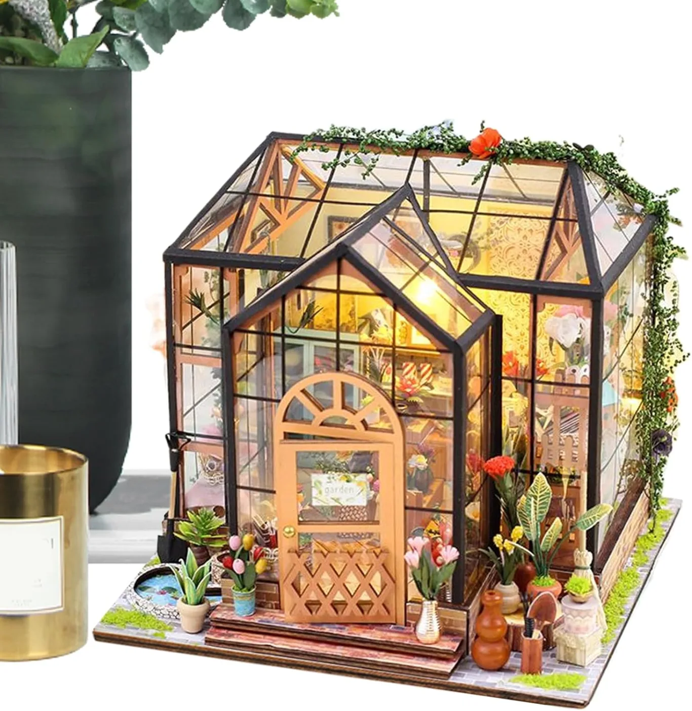 Miniatur Häuser Bastelset für Erwachsene - Gewächshaus Modellbausatz mit Möbeln und Werkzeugkleber,Handgemachtes Kreatives Gewächshaus Modell aus Holz | Bastelprojekte für Erwachsene Zimmerdekoration - Bild 1
