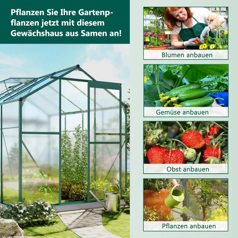 Gewächshaus Aluminium mit Fundament, 4,75 m² - 190 × 253cm, Gartengewächshäuser mit Dachfenster & Schiebetür, Gewächshaus Groß mit UV-beständigen Polycarbonatplatten für Gemüse & Toma – Bild 4