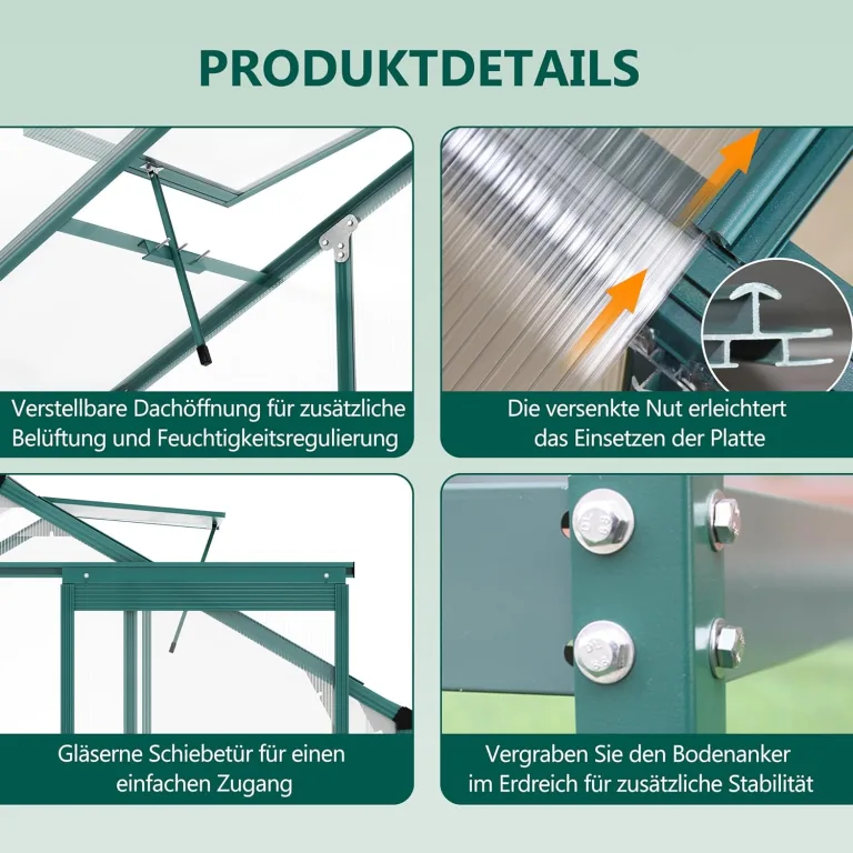 Gewächshaus Aluminium mit Fundament, 4,75 m² - 190 × 253cm, Gartengewächshäuser mit Dachfenster & Schiebetür, Gewächshaus Groß mit UV-beständigen Polycarbonatplatten für Gemüse & Toma – Bild 5