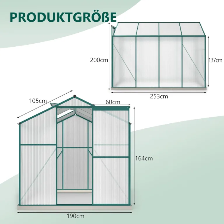 Gewächshaus Aluminium mit Fundament, 4,75 m² - 190 × 253cm, Gartengewächshäuser mit Dachfenster & Schiebetür, Gewächshaus Groß mit UV-beständigen Polycarbonatplatten für Gemüse & Toma – Bild 2