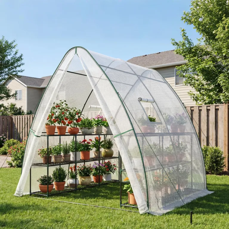 LARMNEE Gewächshaus mit Bogendach, Tomatengewächshaus, PE Foliengewächshaus, 180 x 180 x 200 cm Tomatenhaus, 2 Türen und 2 Fenster, für Blumen, Gemüse, Pflanzen, Balkon, Garten, Weiß EWT73GH02 – Bild 3