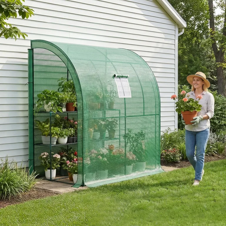 LARMNEE Wandseitiges Gewächshaus, Tomatengewächshaus mit 2 Rolltüren, 200 x 100 x 210 cm, PE Foliengewächshaus, Tomatenhaus für Blumen, Gemüse und Pflanzen, Balkon, Garten und Terrasse, Grün EGN72GH02 – Bild 2