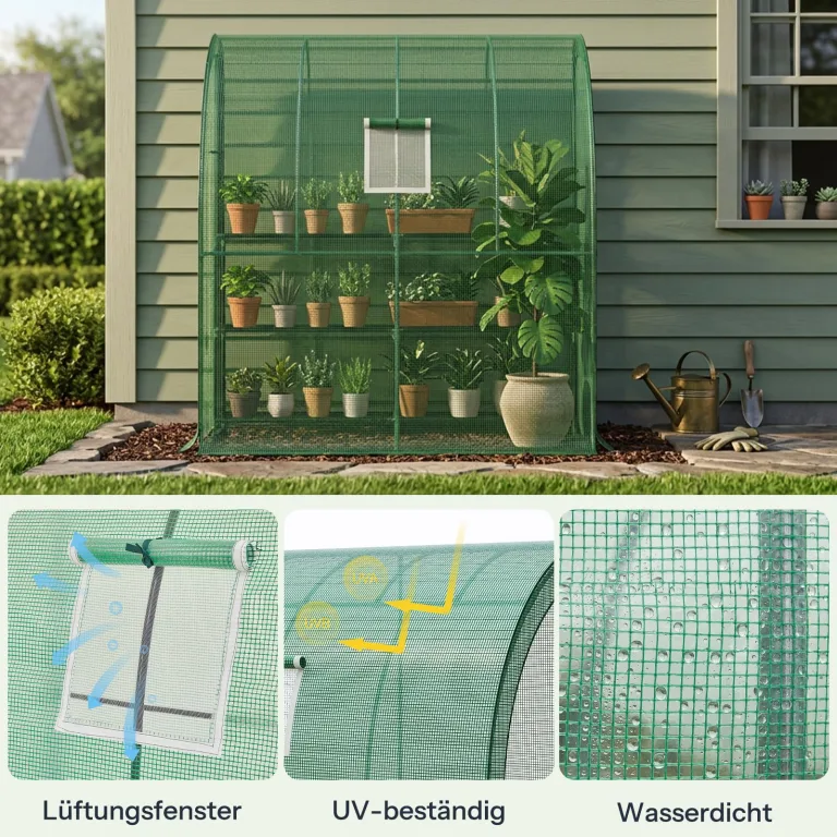 LARMNEE Wandseitiges Gewächshaus, Tomatengewächshaus mit 2 Rolltüren, 200 x 100 x 210 cm, PE Foliengewächshaus, Tomatenhaus für Blumen, Gemüse und Pflanzen, Balkon, Garten und Terrasse, Grün EGN72GH02 – Bild 6