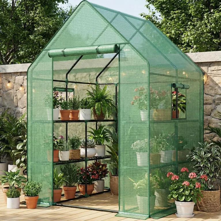 Bamworld Gewächshaus begehbar Garten Außen 145x145x195cm - Bamworld Foliengewächshaus mit Regalen und Fliegengitter-Fenster, Großes Tomatengewächshaus, Grün – Bild 1