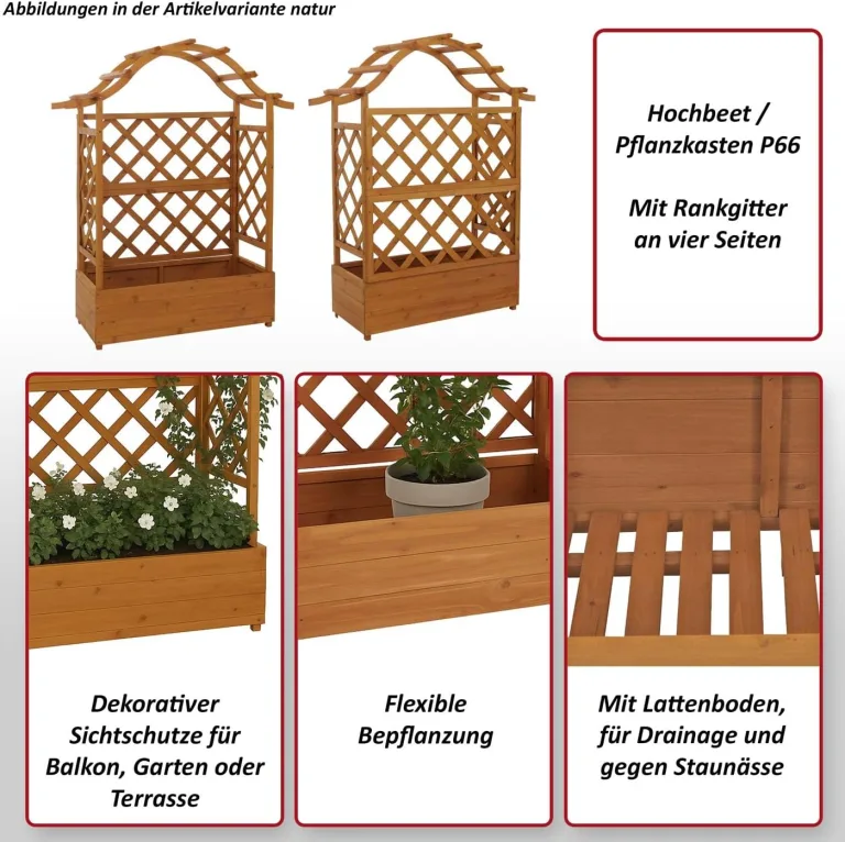 Hochbeet HWC-P66, Pflanz-/Blumenkasten Pflanzkübel Rankgitter Rankhilfe Spalier Holz FSC® 138x110x44cm - braun – Bild 2