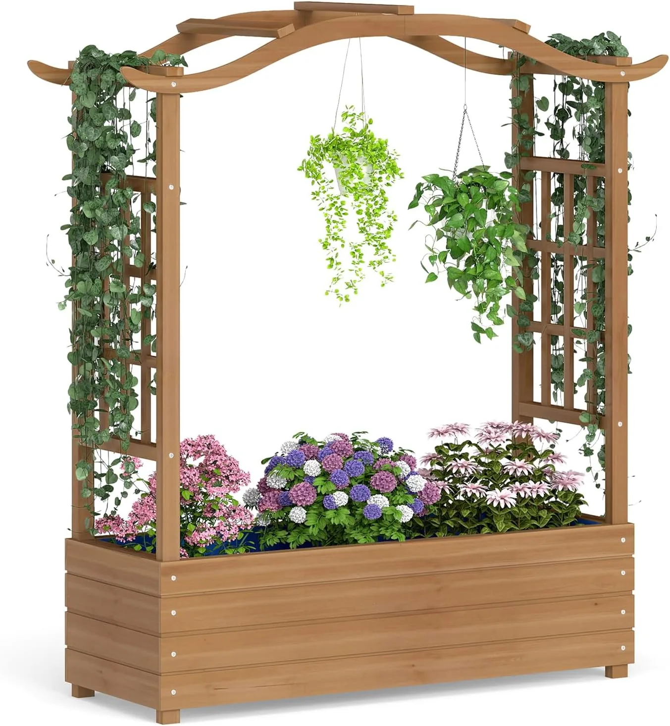 COSTWAY Blumenkasten mit Rankgitter & hängendem Dach, Pflanzkasten mit Rankhilfe & Einsatz, Hochbeet für Kletterpflanzen & hängende Körbe, für Hof Garten Terrasse, Holz, Braun, 110 x 40 x 124 cm - Bild 1